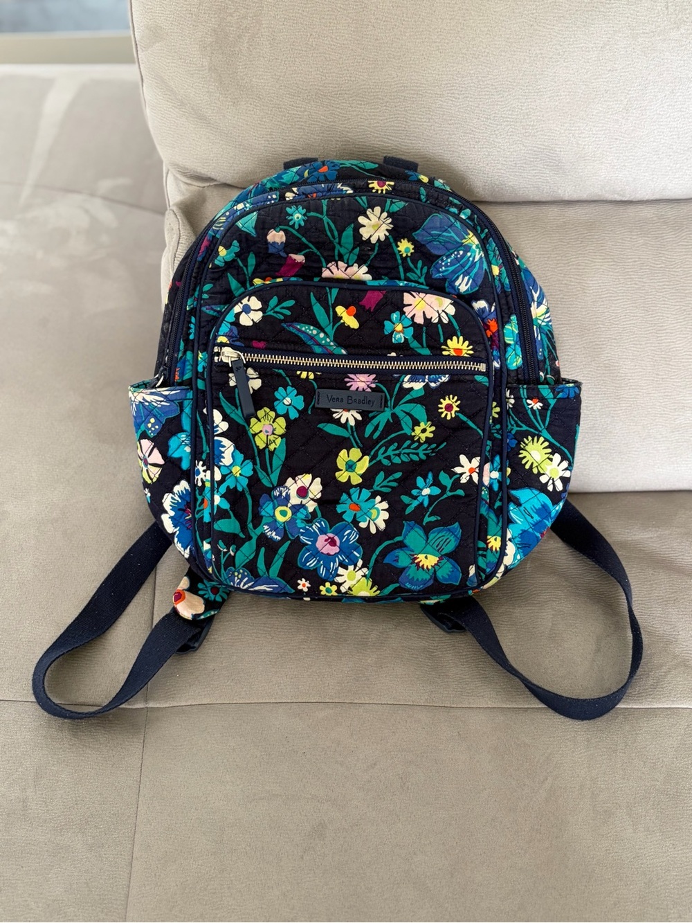 Vera Bradley Black Floral Mini Backpack with Teal, Yellow and White Flowers